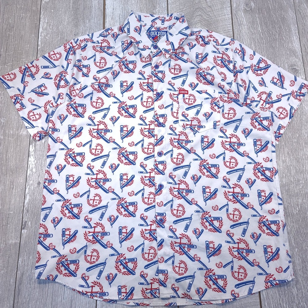 Dixxon Button Shirt Mens XL White The High and Tight Barber Razor Print